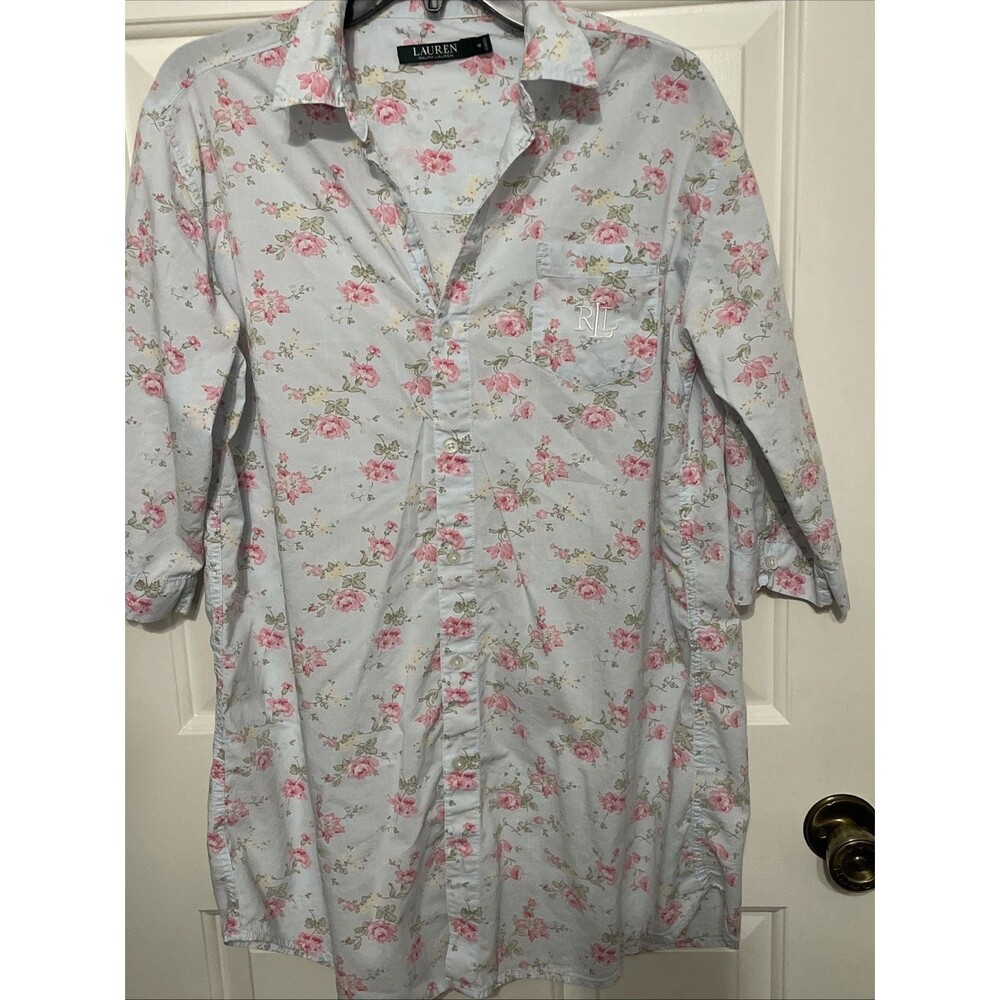 Lauren Ralph Women’s Sz M Thin Viscose Cotton Night Shirt Delicate Pink Roses